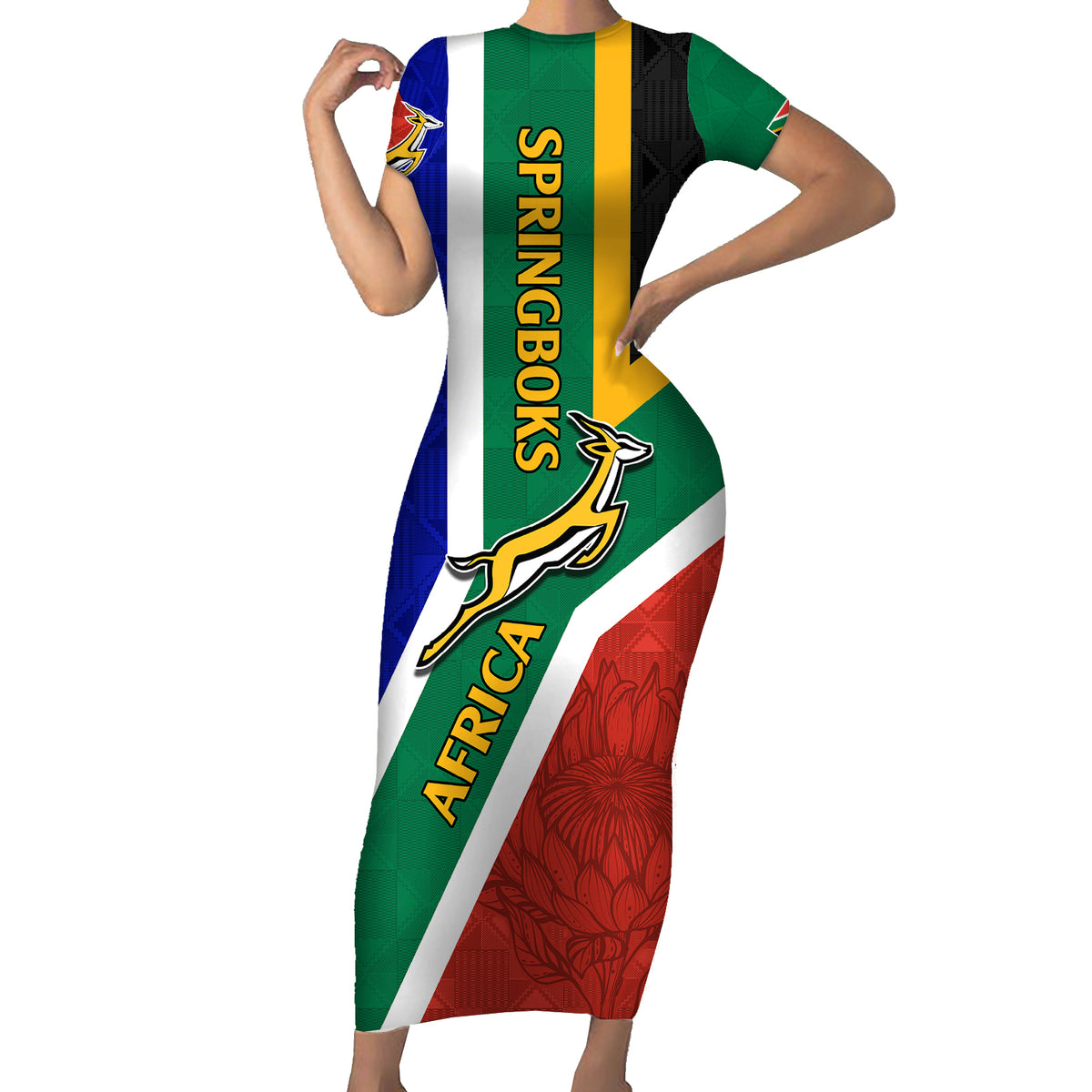 South Africa Springboks Short Sleeve Bodycon Dress With Kente Pattern Vibe Hoodie Shop 8468