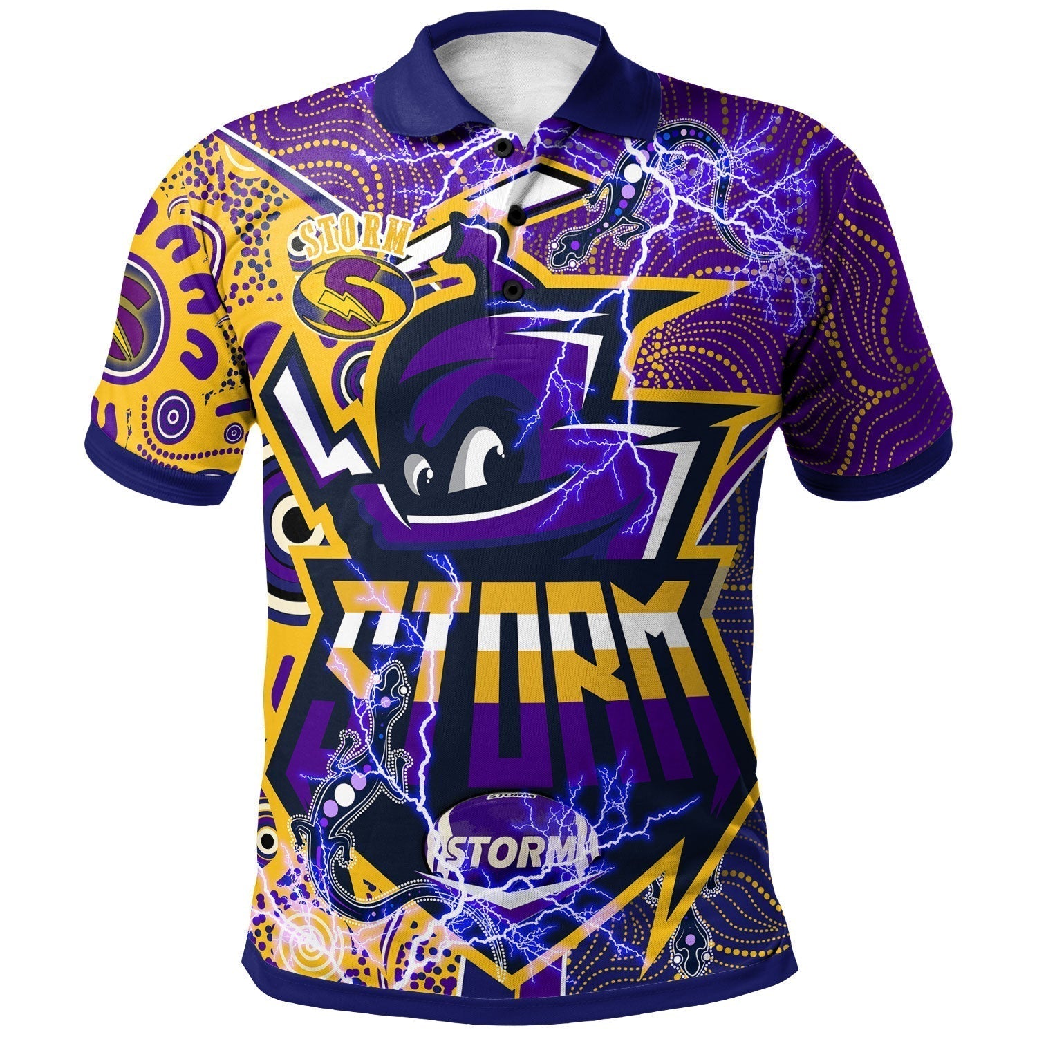 storm-rugby-aboriginal-polo-shirt-custom-melbourne-storm-mascot-with-aussie-lizards-and-rugby-ball-polo-shirt