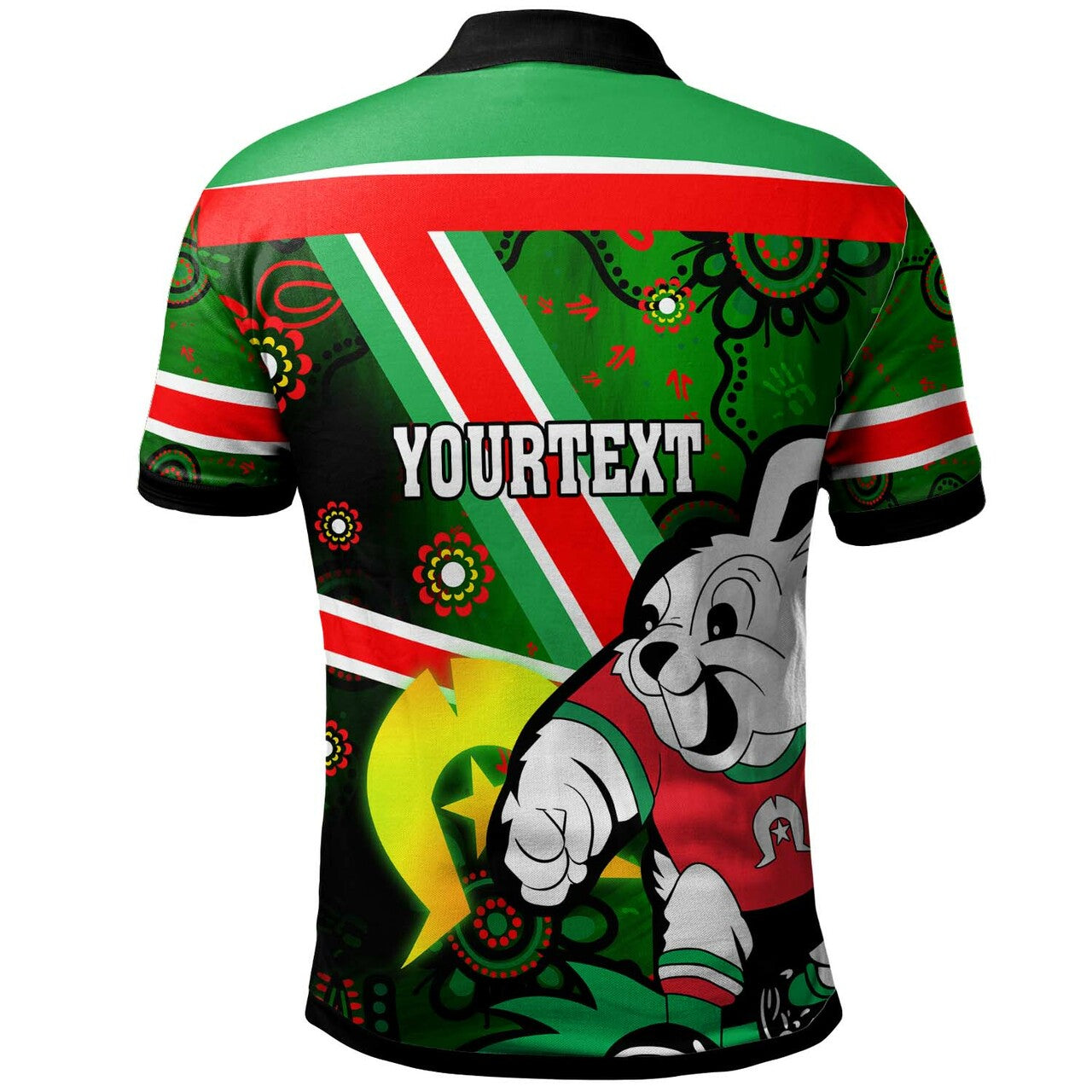 rabbitohs-rugby-polo-shirt-custom-naidoc-week-south-sydney-rabbitohs-aboriginal-traditional-patterns-with-torres-strait-rlt12