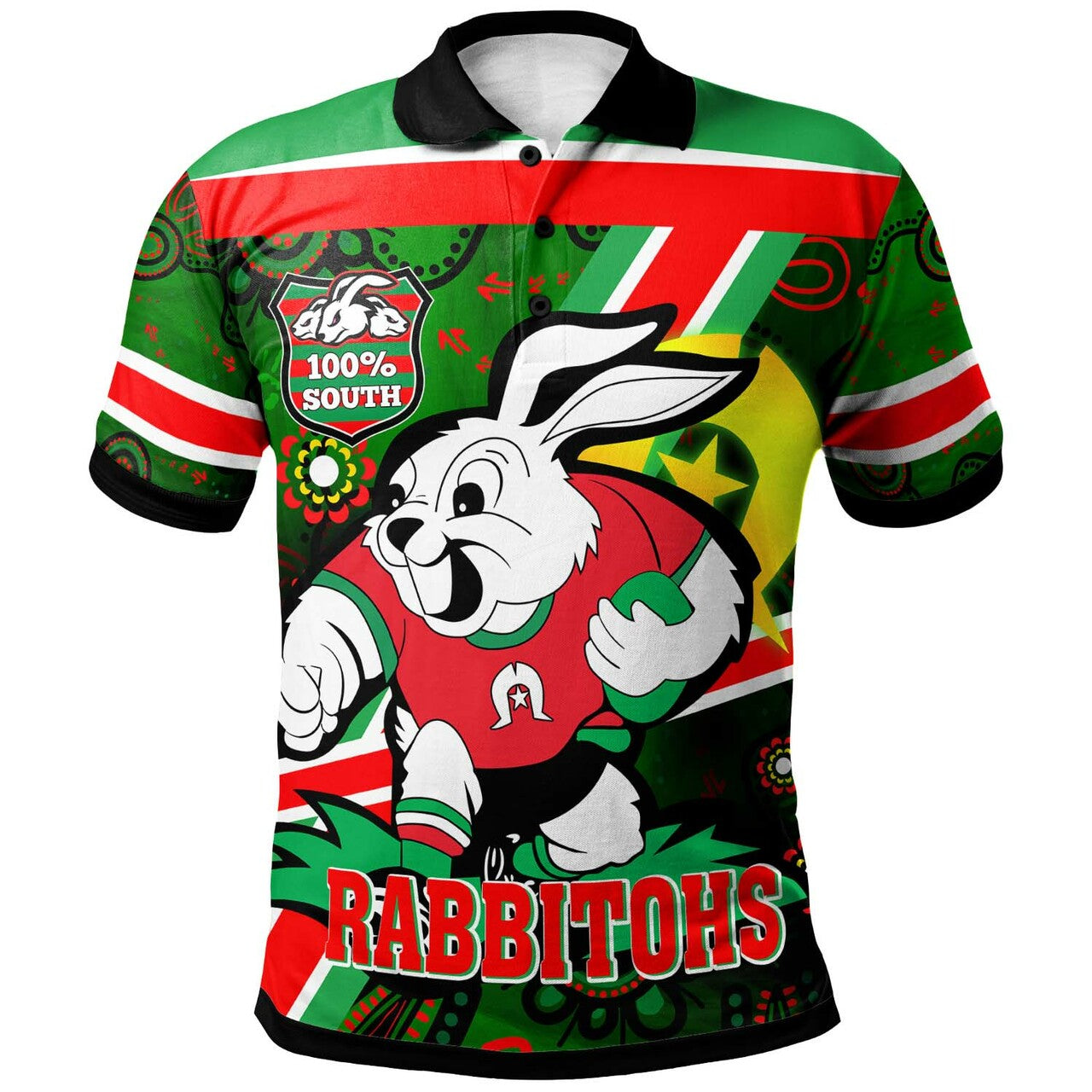 rabbitohs-rugby-polo-shirt-custom-naidoc-week-south-sydney-rabbitohs-aboriginal-traditional-patterns-with-torres-strait-rlt12