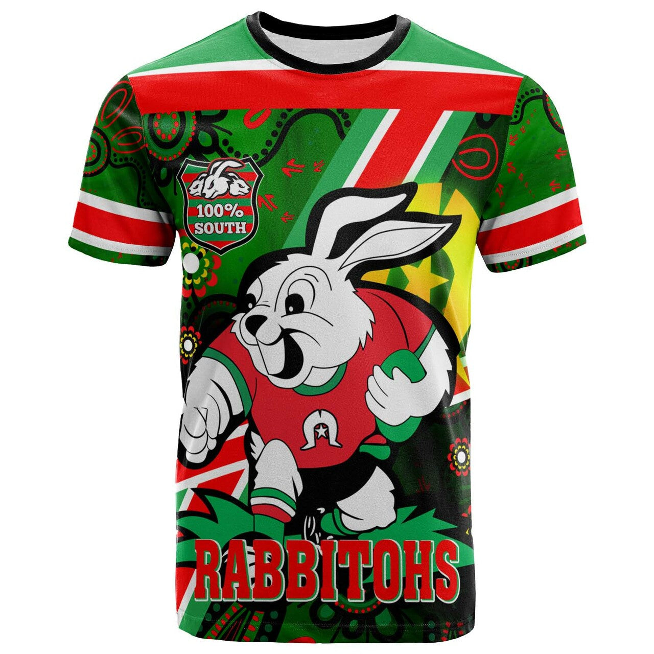 rabbitohs-rugby-t-shirt-custom-naidoc-week-south-sydney-rabbitohs-aboriginal-traditional-patterns-with-torres-strait-rlt12