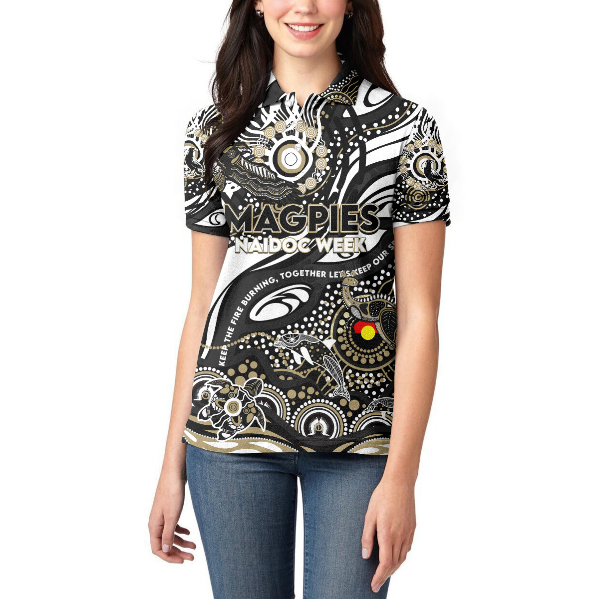 Custom NAIDOC Week 2024 Magpies Women Polo Shirt Aboriginal Animals Keep The Fire Burning