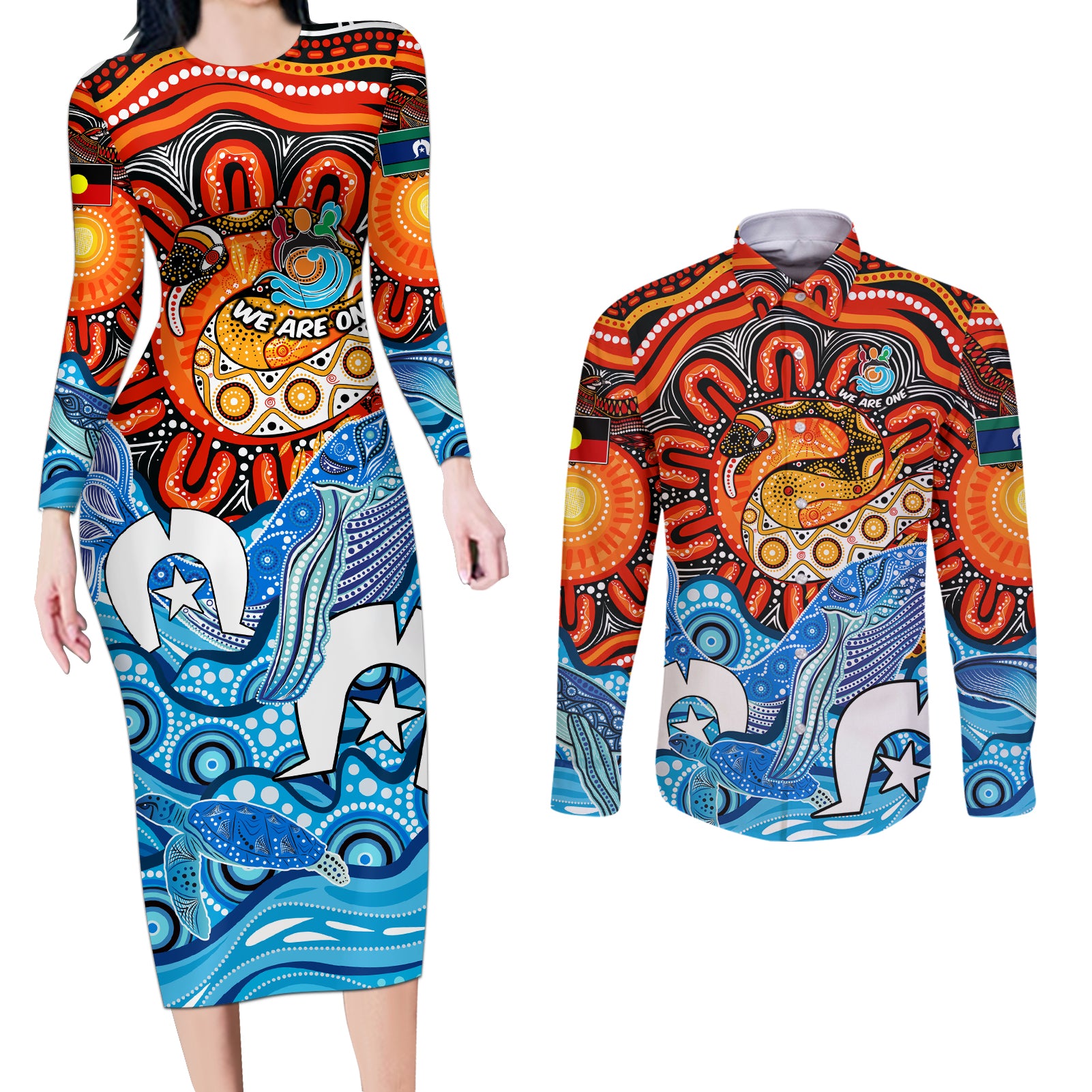 aboriginal-and-torres-strait-islands-couples-matching-long-sleeve-bodycon-dress-and-long-sleeve-button-shirt-we-are-one