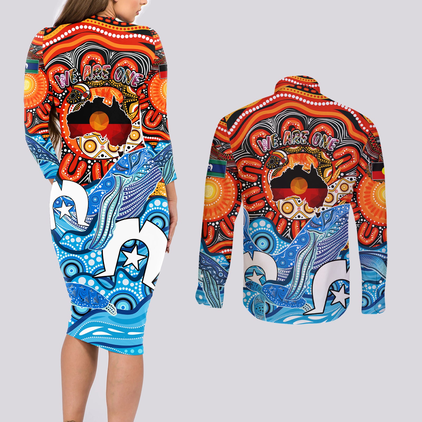 aboriginal-and-torres-strait-islands-couples-matching-long-sleeve-bodycon-dress-and-long-sleeve-button-shirt-we-are-one