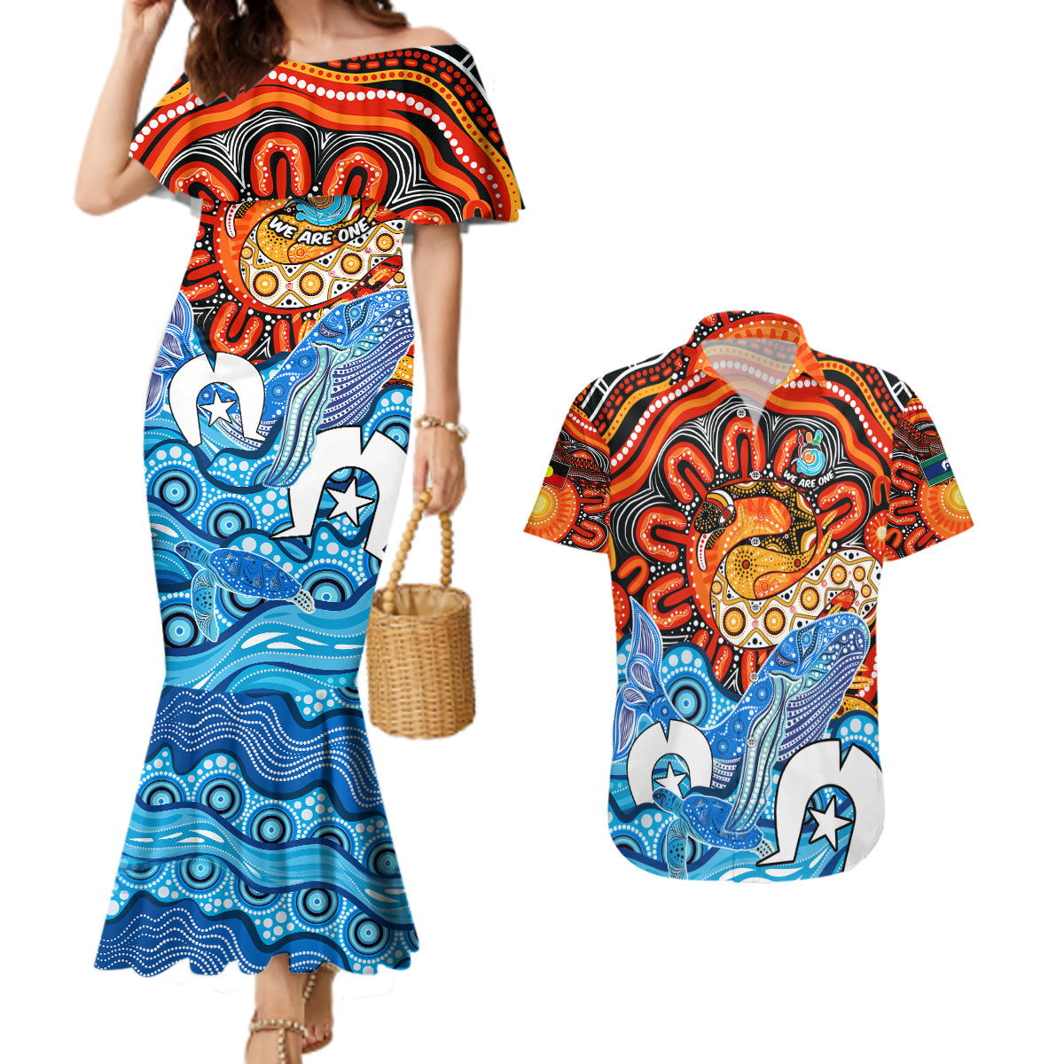 aboriginal-and-torres-strait-islands-couples-matching-mermaid-dress-and-hawaiian-shirt-we-are-one