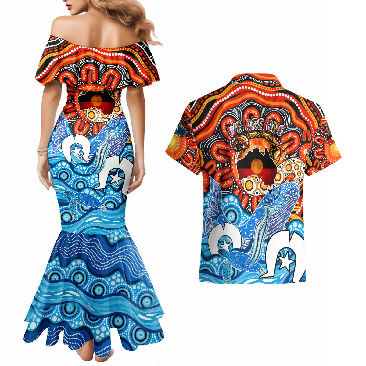 aboriginal-and-torres-strait-islands-couples-matching-mermaid-dress-and-hawaiian-shirt-we-are-one