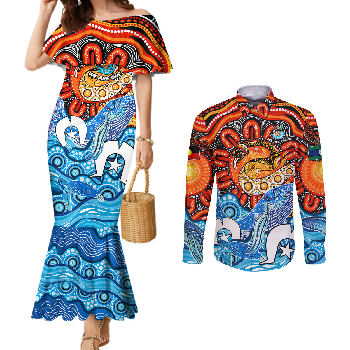 aboriginal-and-torres-strait-islands-couples-matching-mermaid-dress-and-long-sleeve-button-shirt-we-are-one