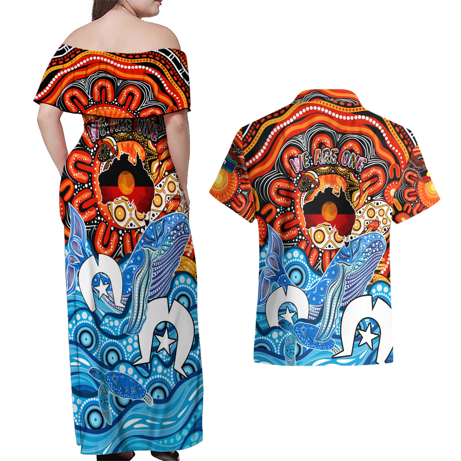 aboriginal-and-torres-strait-islands-couples-matching-off-shoulder-maxi-dress-and-hawaiian-shirt-we-are-one