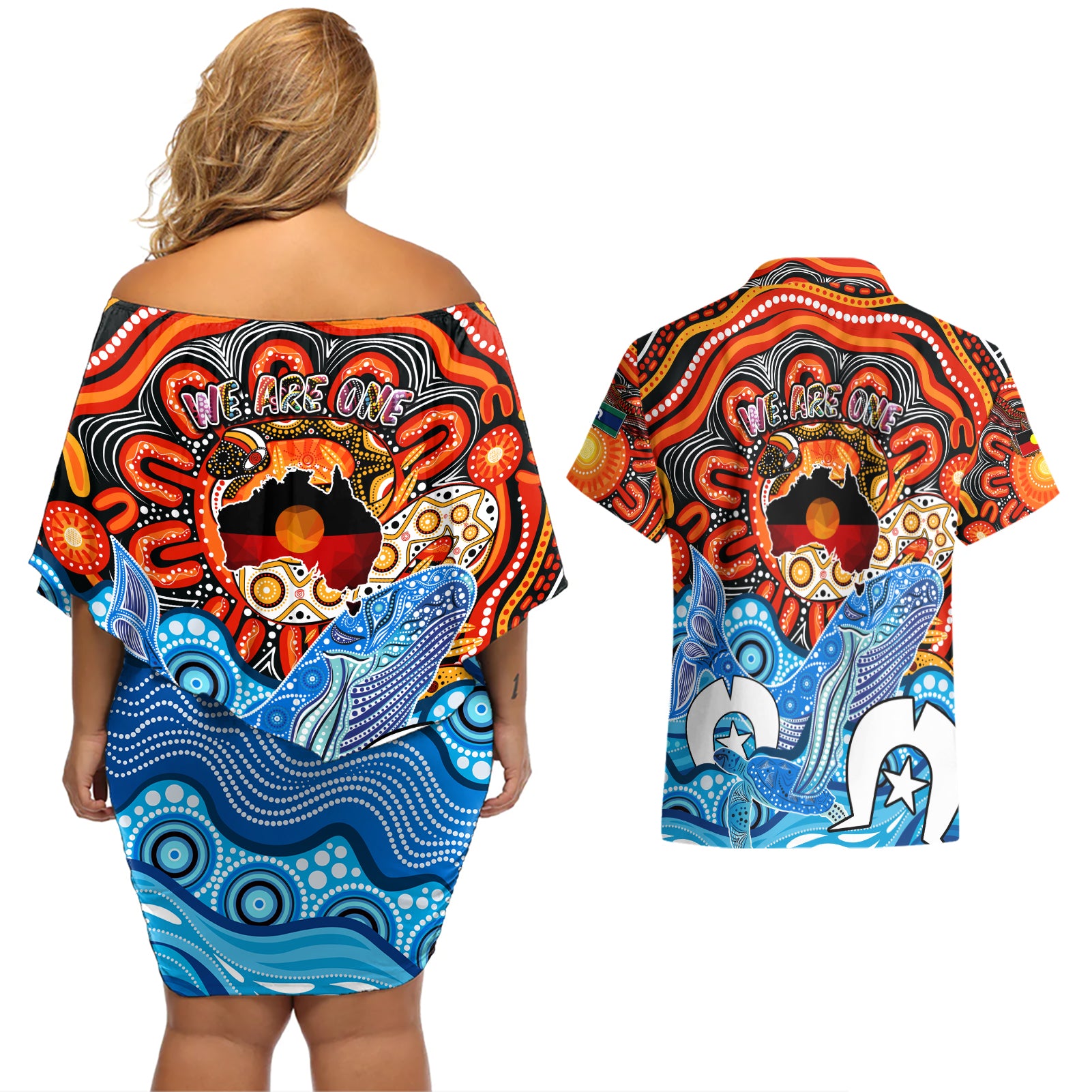 aboriginal-and-torres-strait-islands-couples-matching-off-shoulder-short-dress-and-hawaiian-shirt-we-are-one