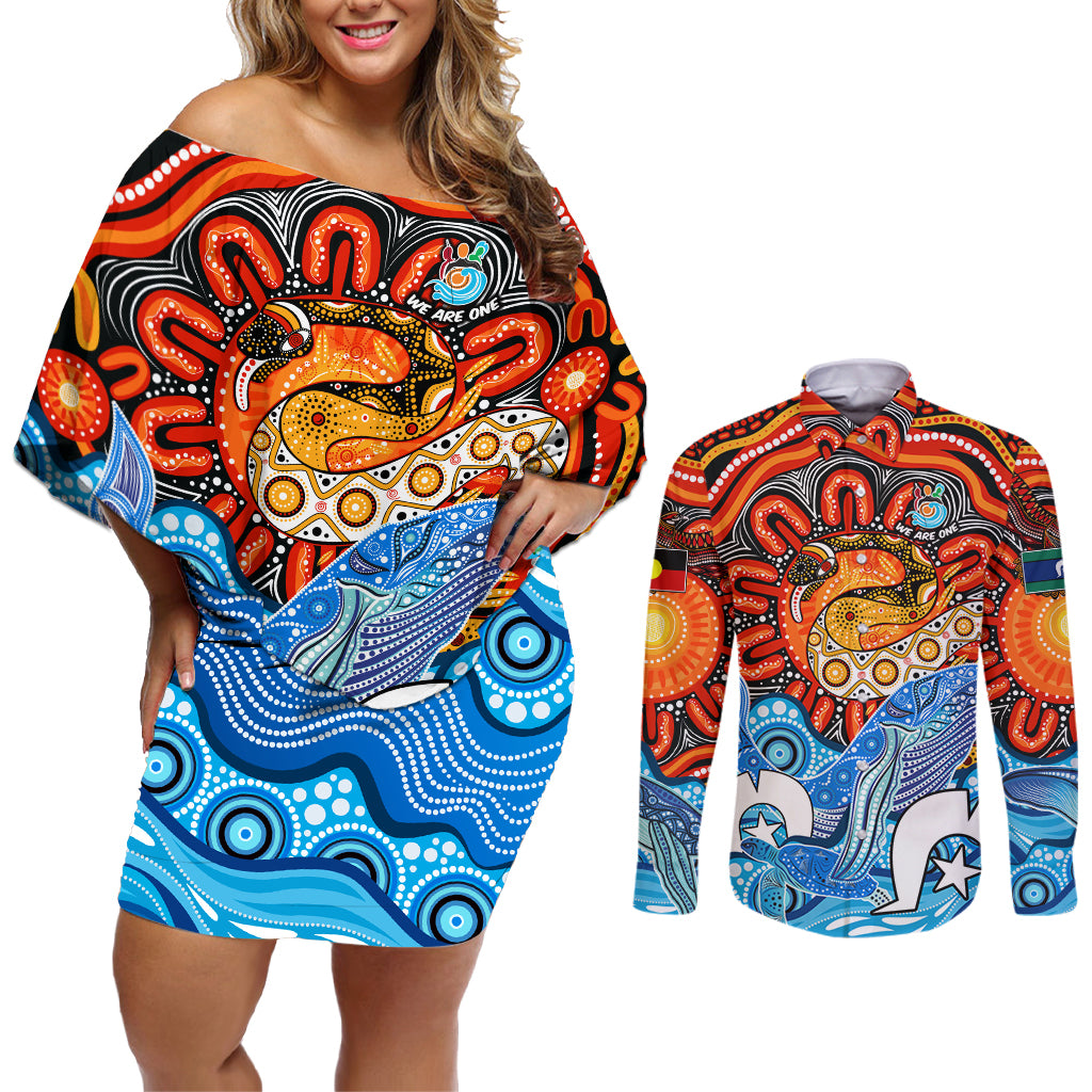 aboriginal-and-torres-strait-islands-couples-matching-off-shoulder-short-dress-and-long-sleeve-button-shirt-we-are-one