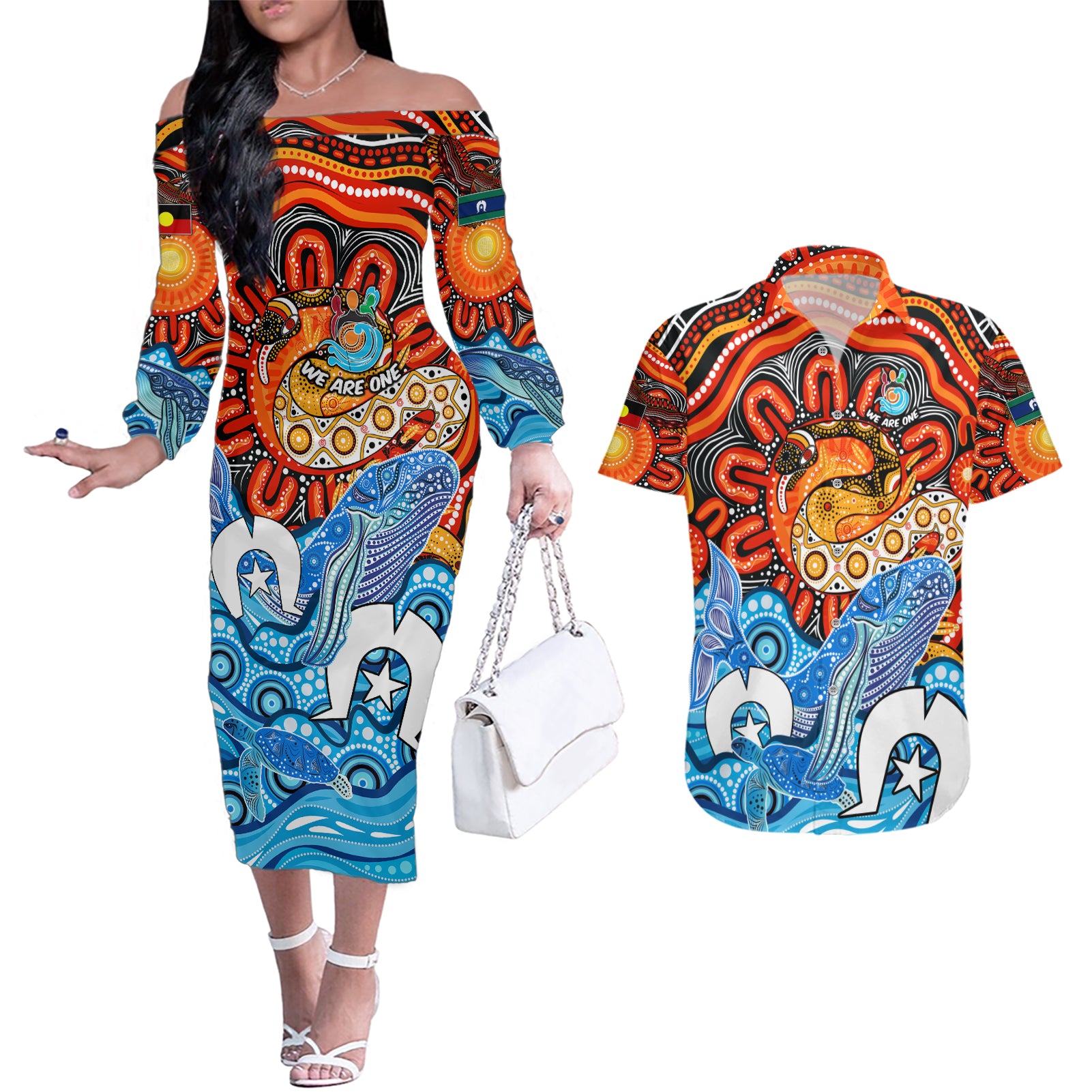 aboriginal-and-torres-strait-islands-couples-matching-off-the-shoulder-long-sleeve-dress-and-hawaiian-shirt-we-are-one