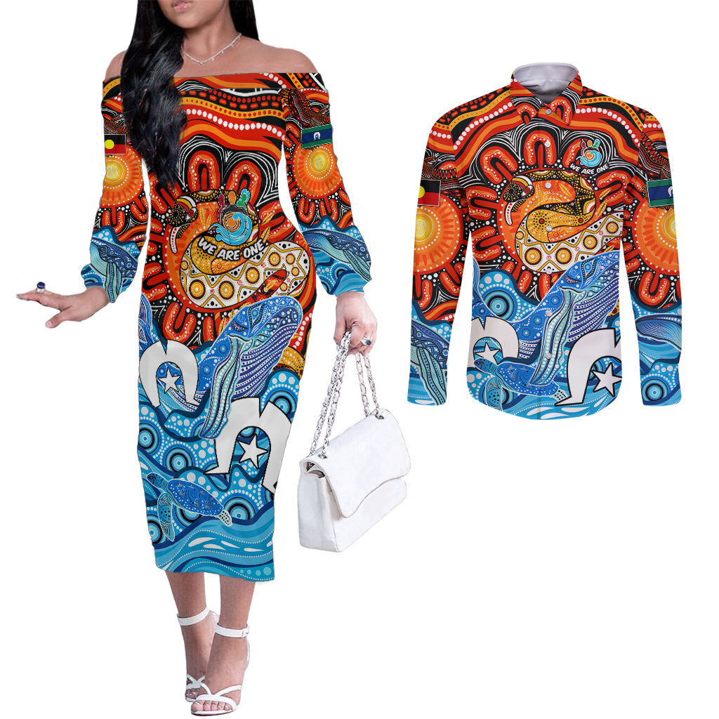 aboriginal-and-torres-strait-islands-couples-matching-off-the-shoulder-long-sleeve-dress-and-long-sleeve-button-shirt-we-are-one