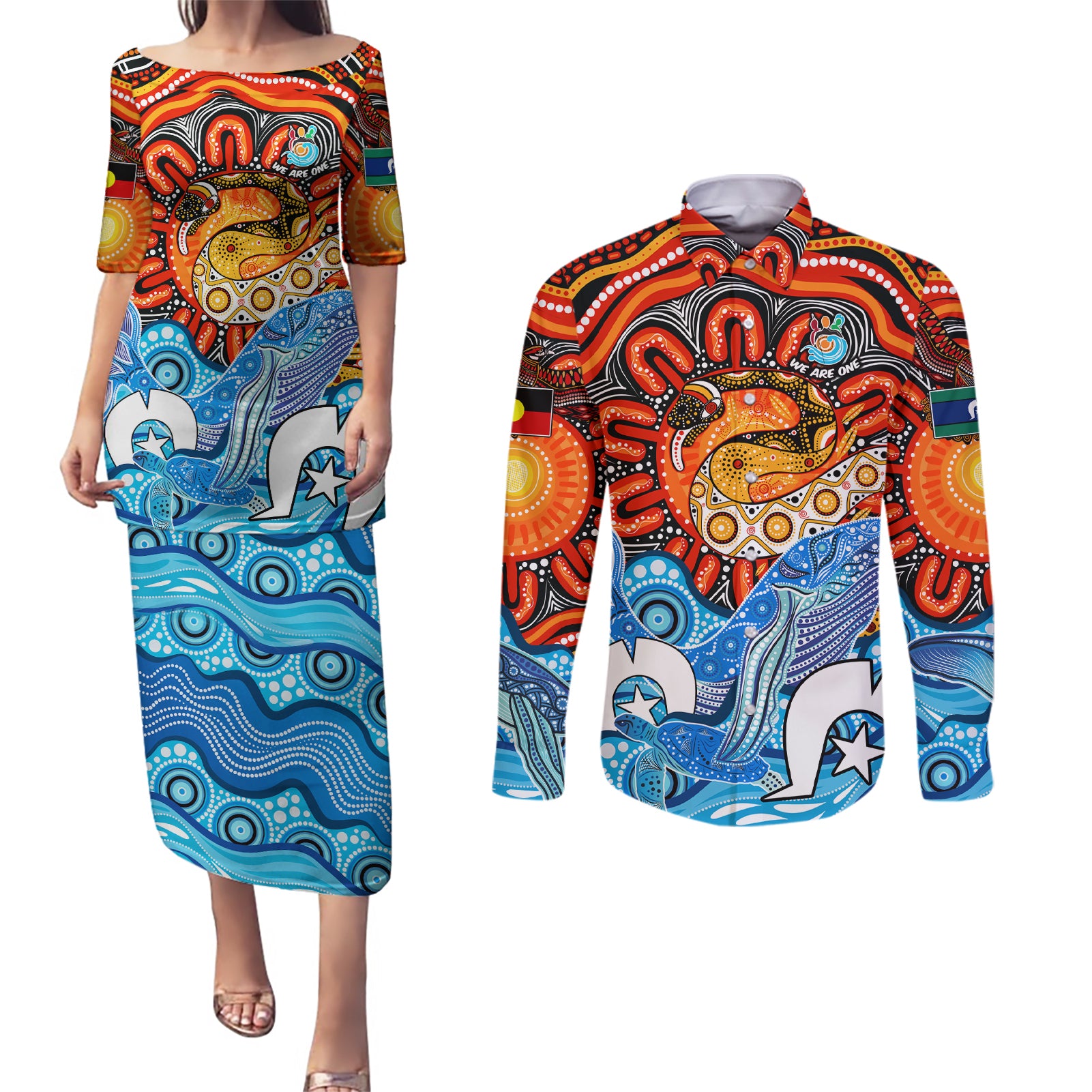 aboriginal-and-torres-strait-islands-couples-matching-puletasi-dress-and-long-sleeve-button-shirt-we-are-one