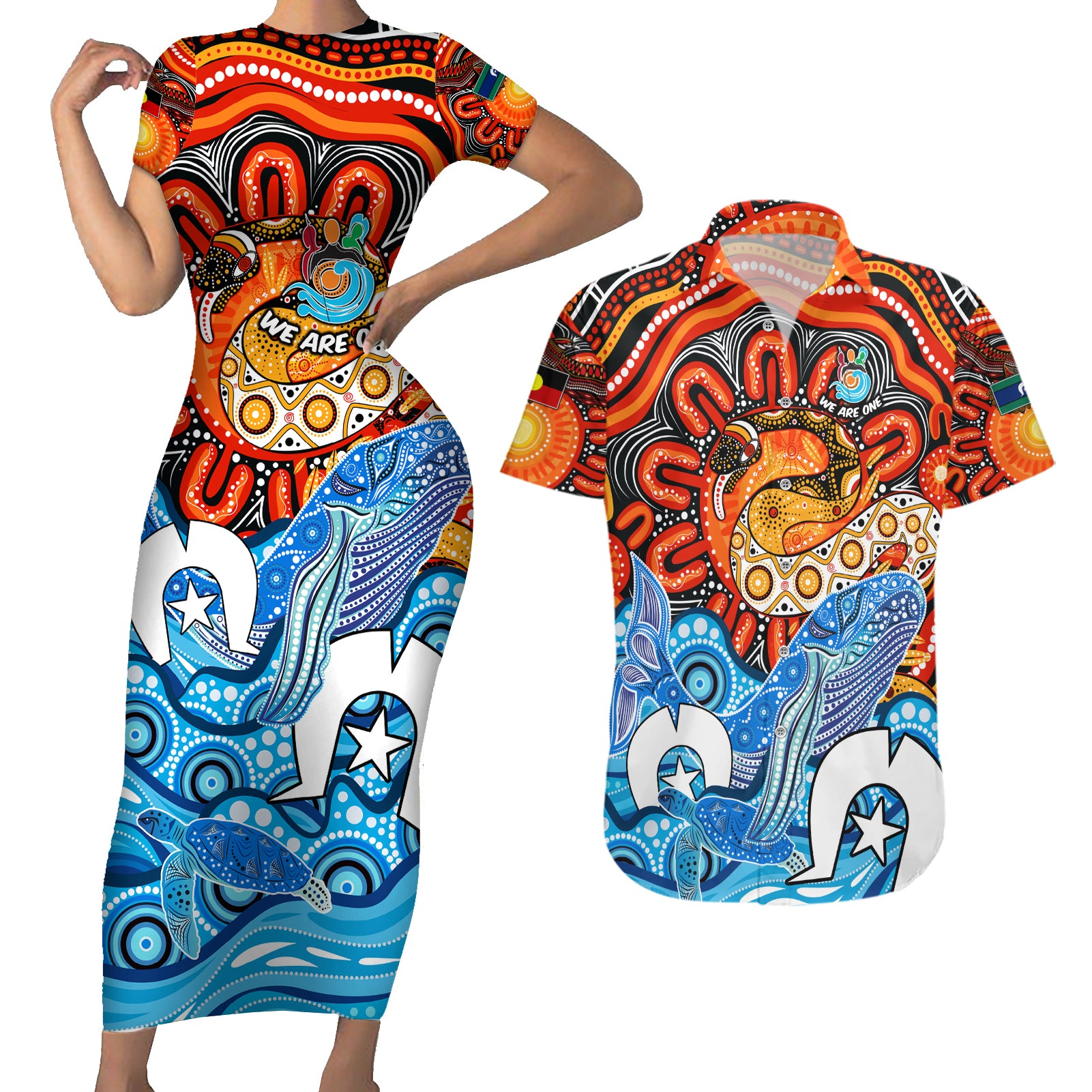 aboriginal-and-torres-strait-islands-couples-matching-short-sleeve-bodycon-dress-and-hawaiian-shirt-we-are-one