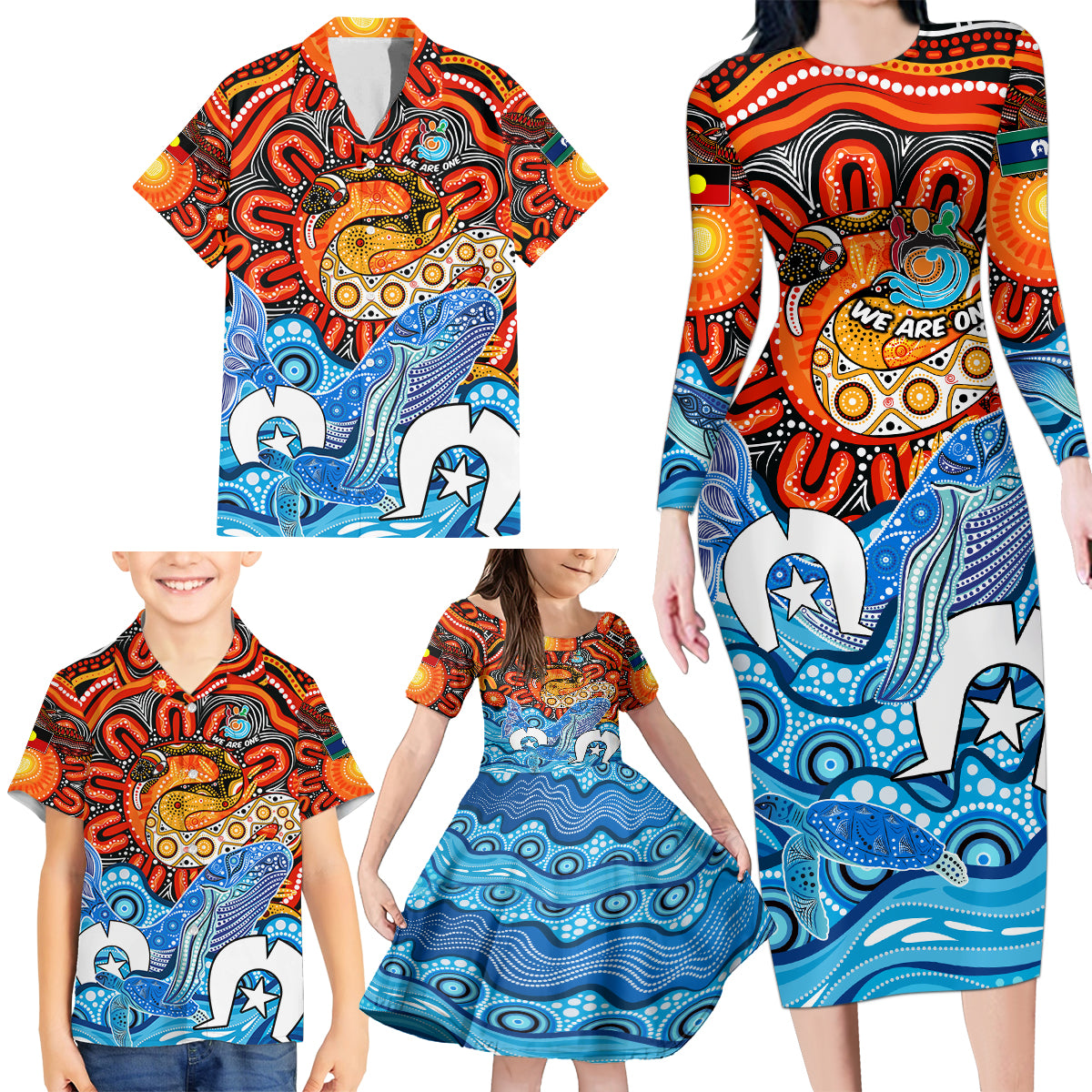 aboriginal-and-torres-strait-islands-family-matching-long-sleeve-bodycon-dress-and-hawaiian-shirt-we-are-one