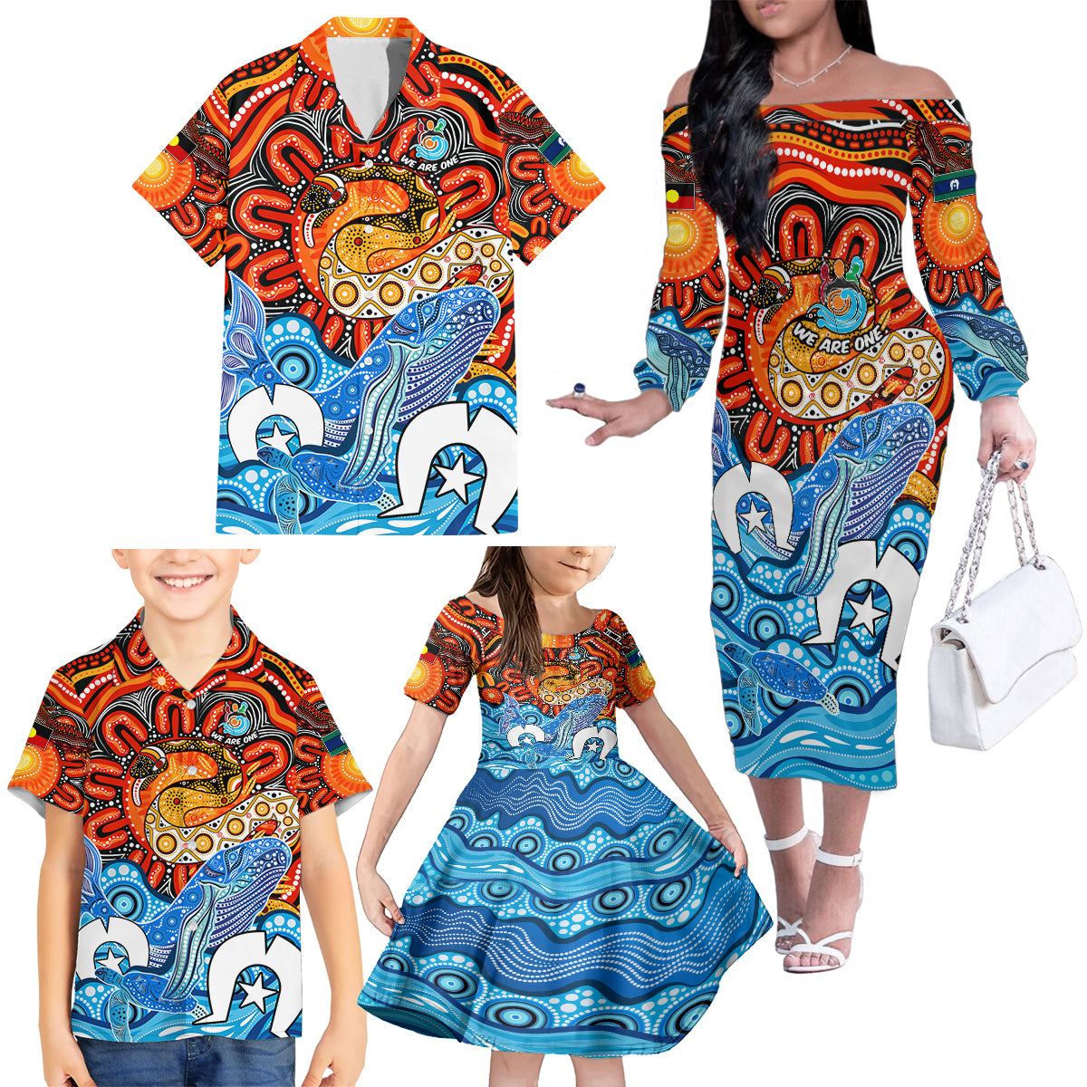 aboriginal-and-torres-strait-islands-family-matching-off-shoulder-long-sleeve-dress-and-hawaiian-shirt-we-are-one