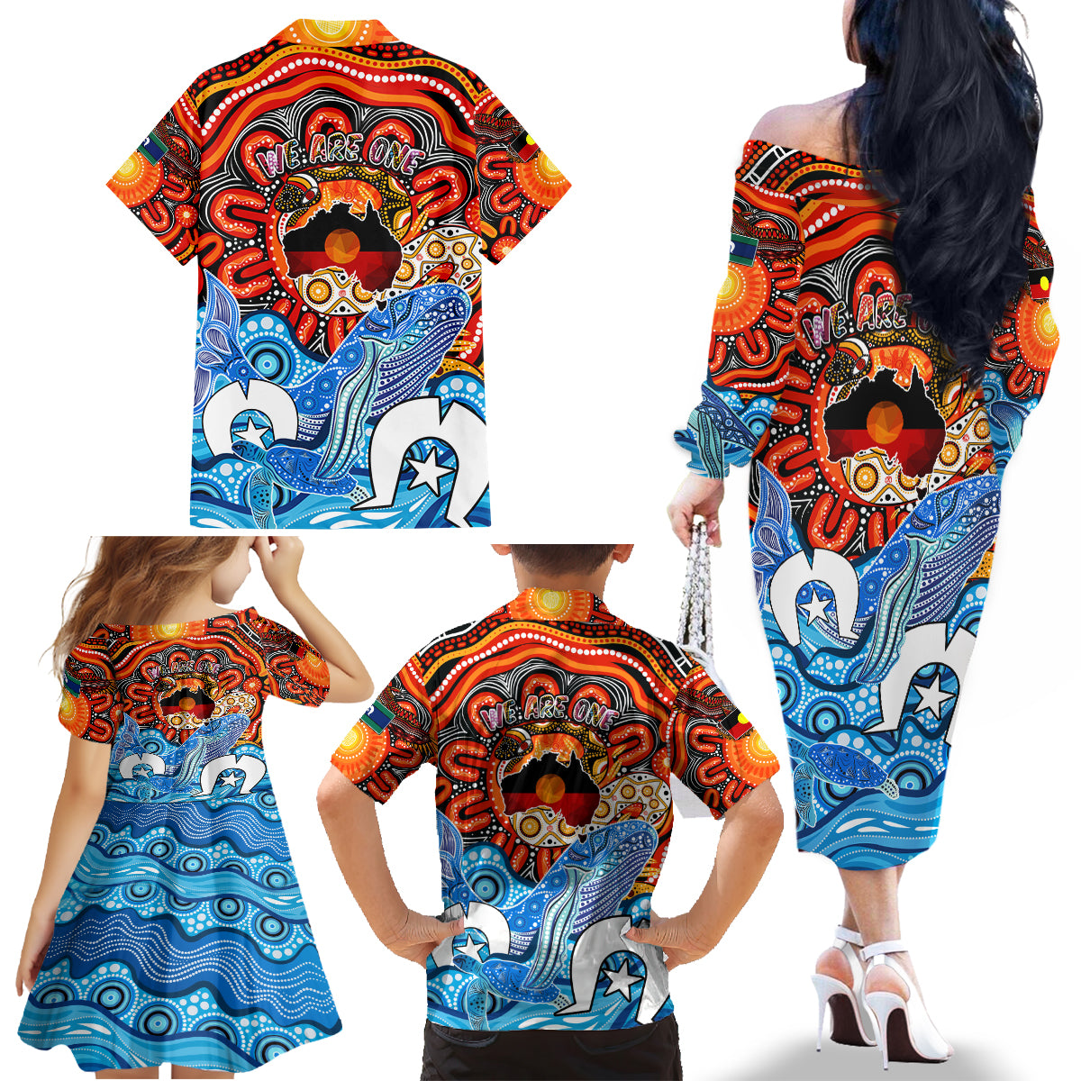 aboriginal-and-torres-strait-islands-family-matching-off-shoulder-long-sleeve-dress-and-hawaiian-shirt-we-are-one