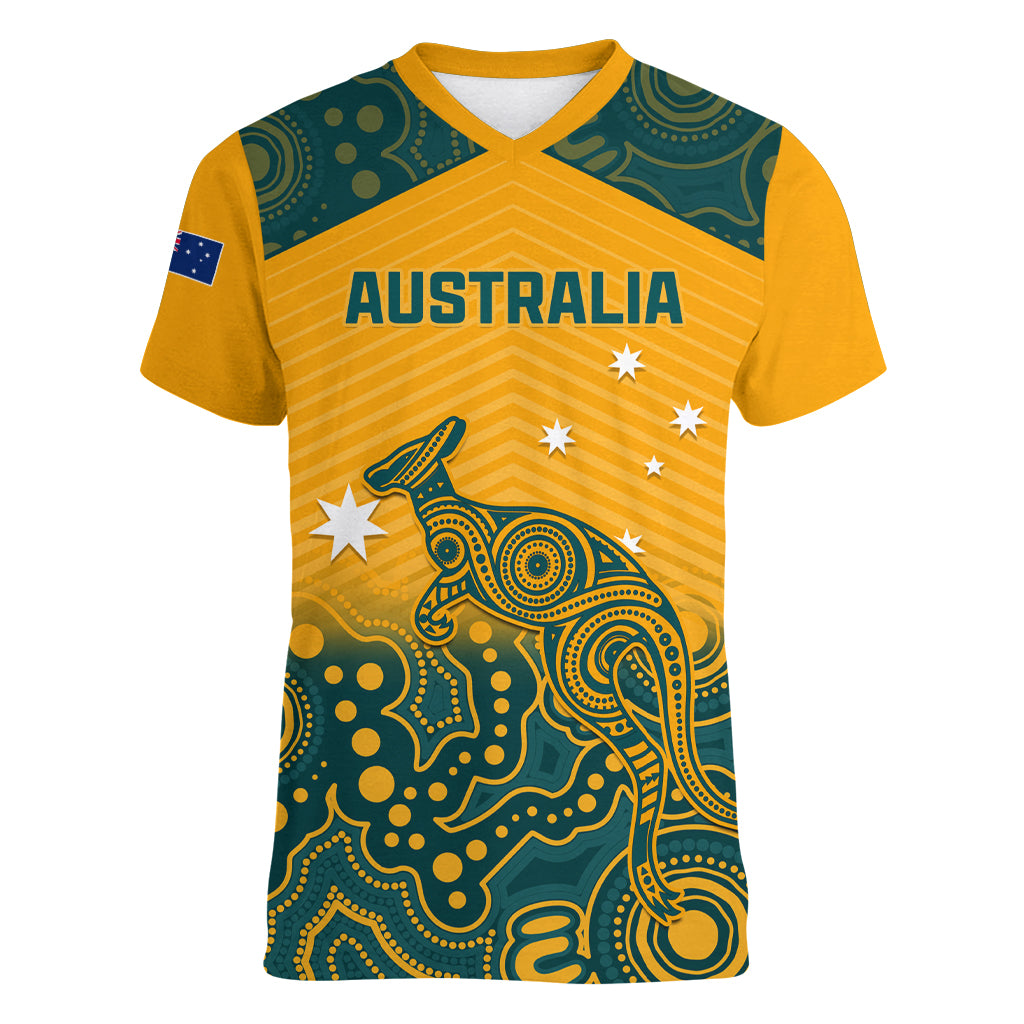 Custom Australia Rugby Women V Neck T Shirt Wallabies Aboriginal Pattern