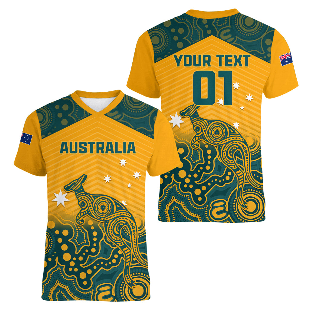 Custom Australia Rugby Women V Neck T Shirt Wallabies Aboriginal Pattern