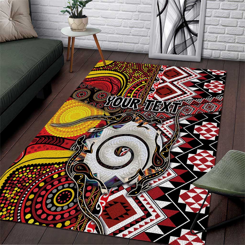 Personalised Aotearoa and Australia Together Area Rug Koru and Kangaroo - Taniko with Aboriginal Motif