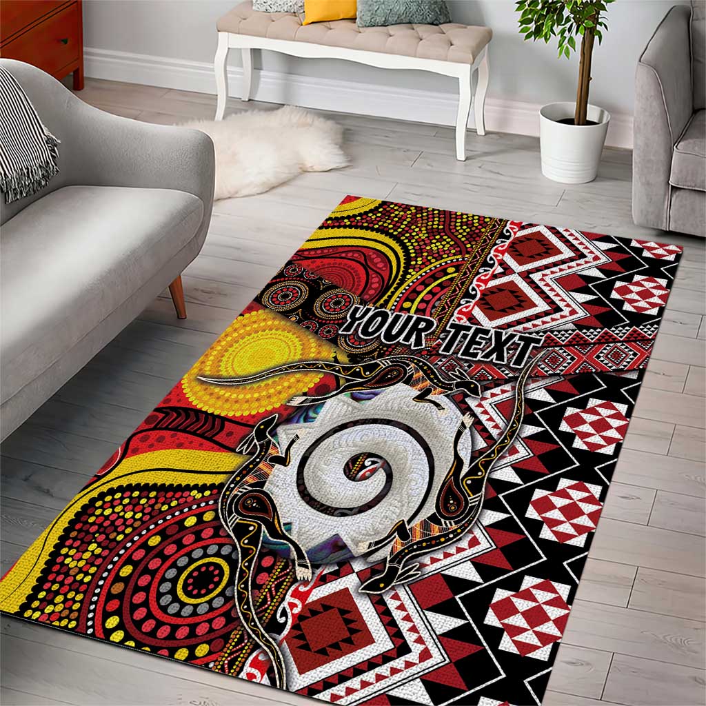 Personalised Aotearoa and Australia Together Area Rug Koru and Kangaroo - Taniko with Aboriginal Motif