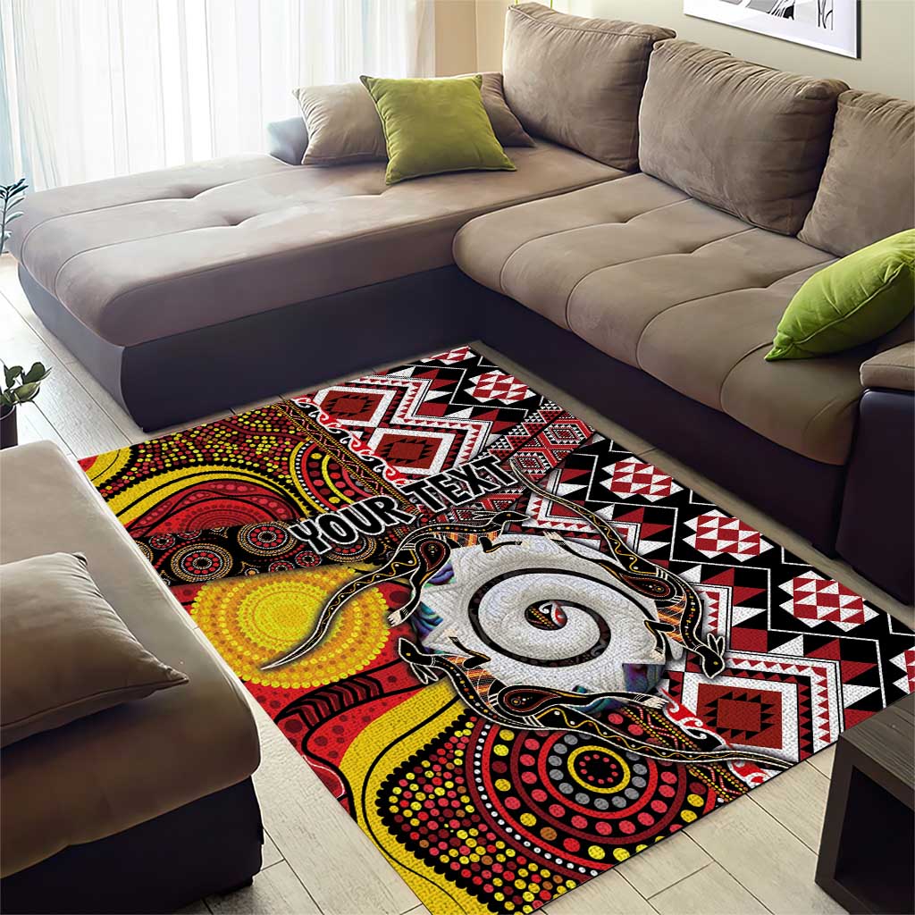 Personalised Aotearoa and Australia Together Area Rug Koru and Kangaroo - Taniko with Aboriginal Motif