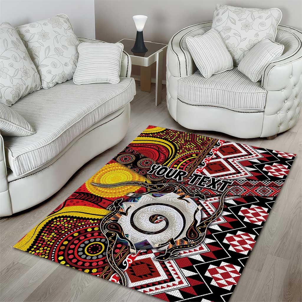 Personalised Aotearoa and Australia Together Area Rug Koru and Kangaroo - Taniko with Aboriginal Motif