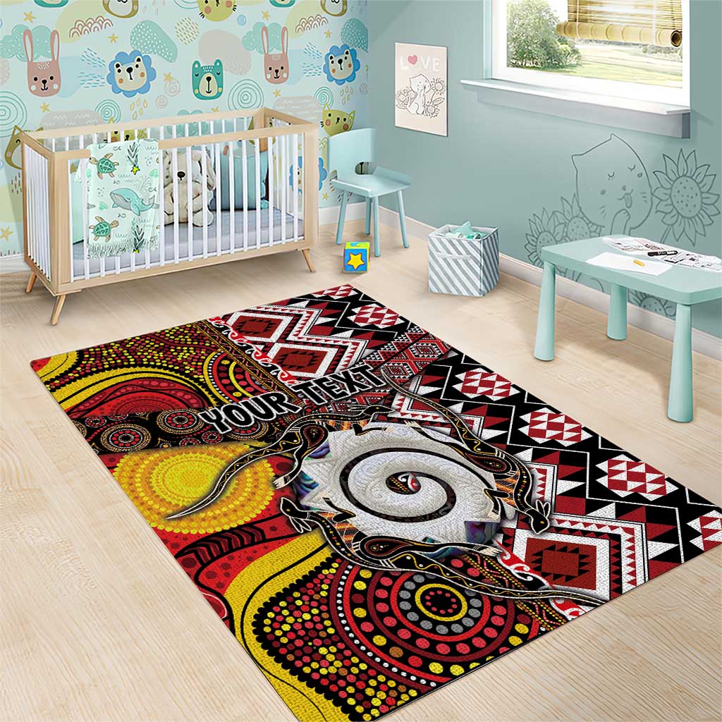 Personalised Aotearoa and Australia Together Area Rug Koru and Kangaroo - Taniko with Aboriginal Motif