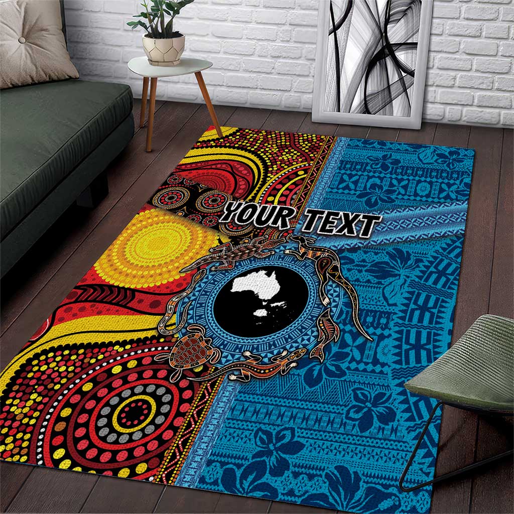 Personalised Australia and Fiji Together Area Rug Tribal Palm Tree with Tapa and Aboriginal Animals Half Style