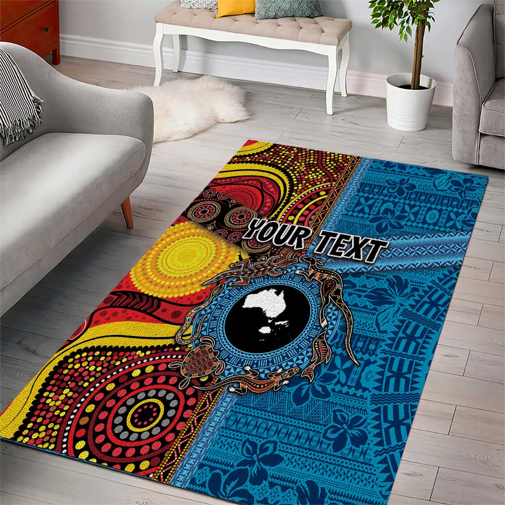 Personalised Australia and Fiji Together Area Rug Tribal Palm Tree with Tapa and Aboriginal Animals Half Style