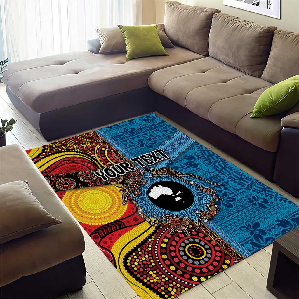 Personalised Australia and Fiji Together Area Rug Tribal Palm Tree with Tapa and Aboriginal Animals Half Style