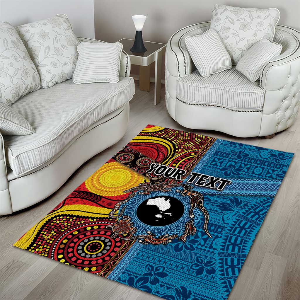 Personalised Australia and Fiji Together Area Rug Tribal Palm Tree with Tapa and Aboriginal Animals Half Style