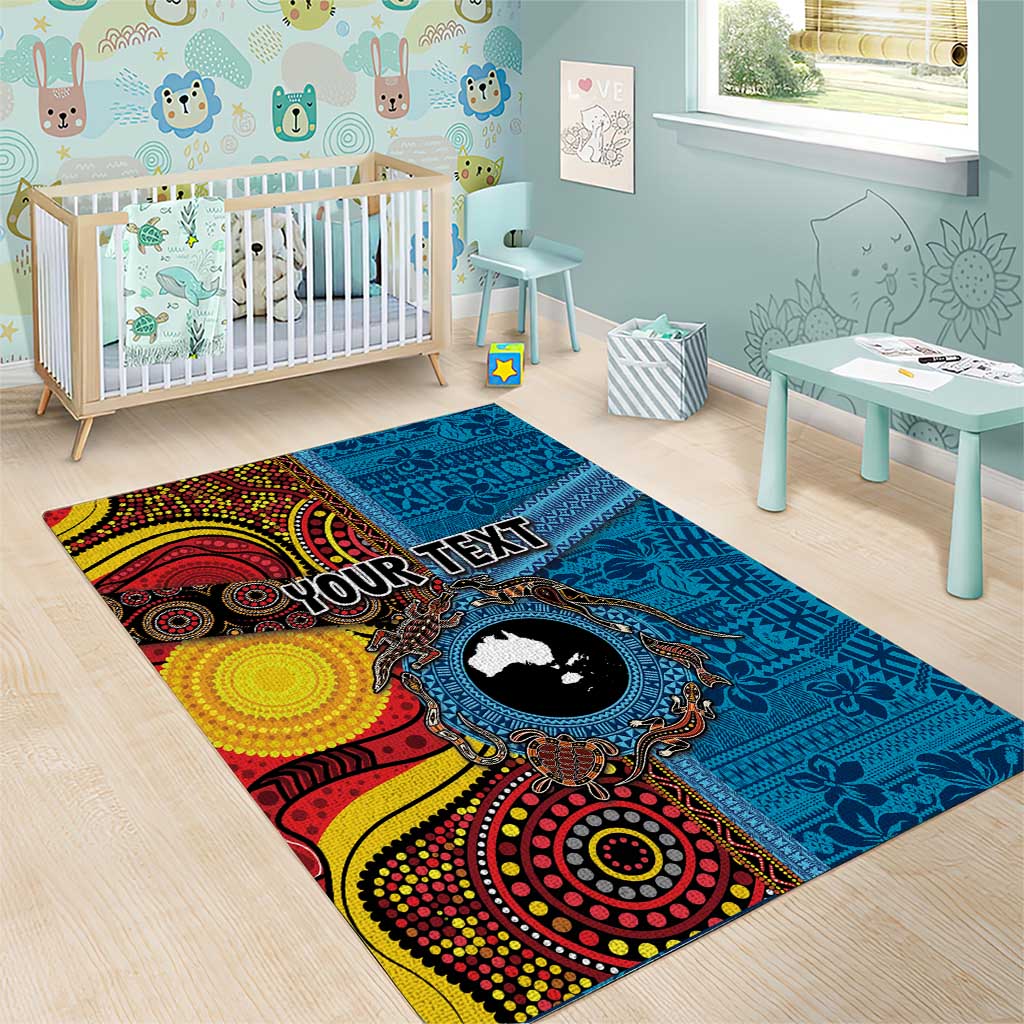 Personalised Australia and Fiji Together Area Rug Tribal Palm Tree with Tapa and Aboriginal Animals Half Style