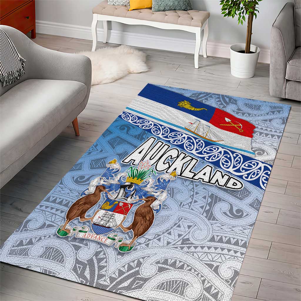 New Zealand Auckland Area Rug Auckland's Flag and Coat of Arms - Koru Art Maori Pattern