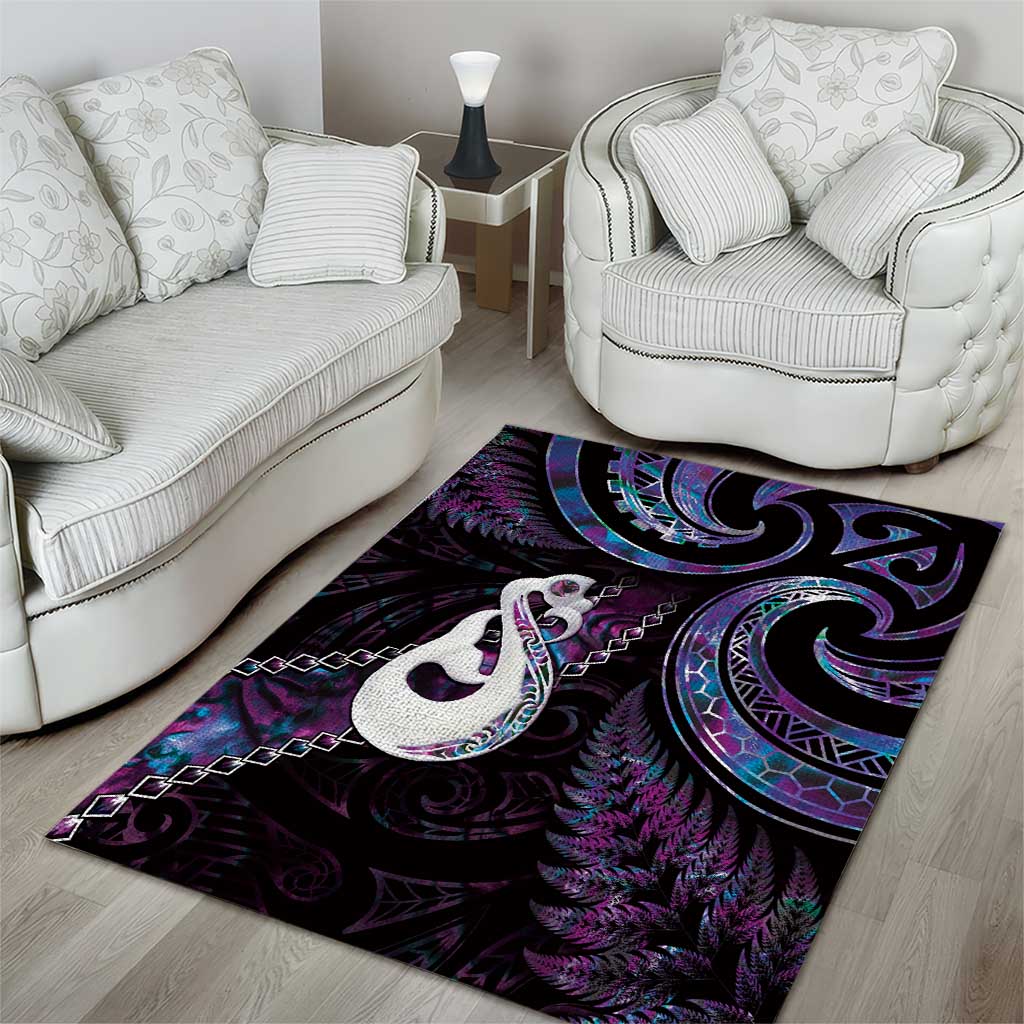 New Zealand Aotearoa Area Rug Maori Manaia Paua Shell Glitter Purple