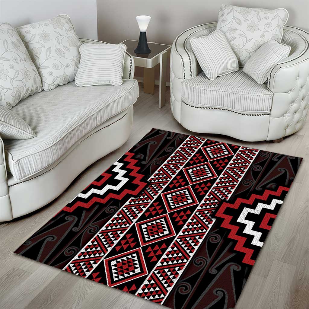 Red Tukutuku Pattern Aotearoa Area Rug Niho Taniwha and Puhoro Motifs