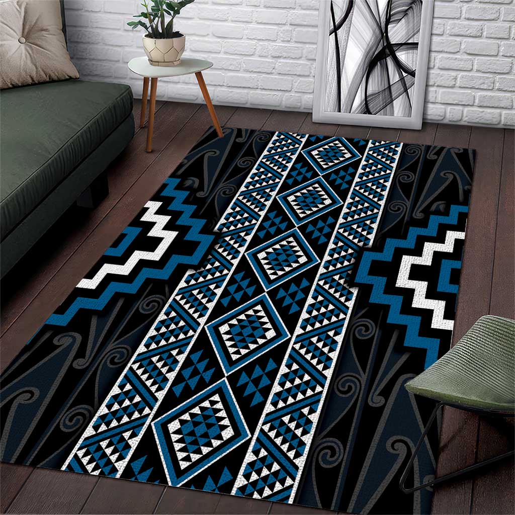 Azure Tukutuku Pattern Aotearoa Area Rug Niho Taniwha and Puhoro Motifs