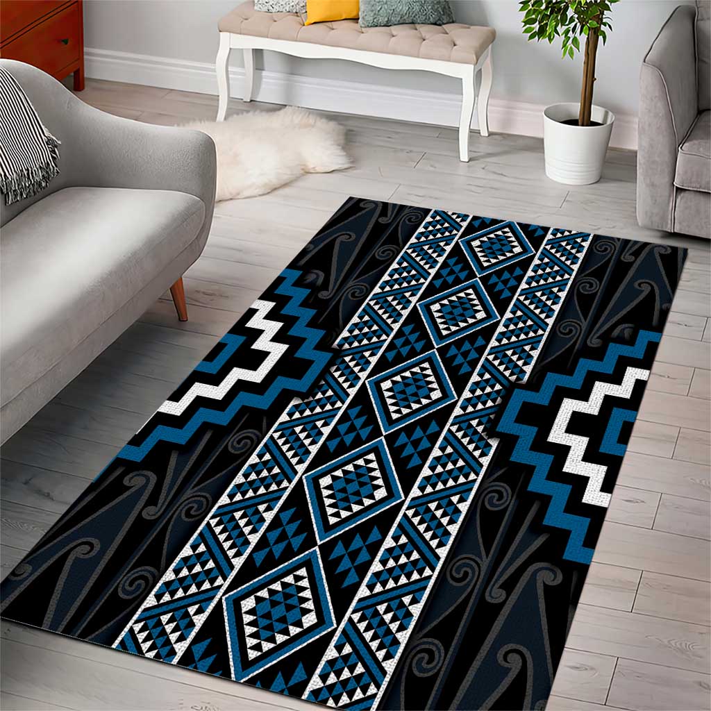 Azure Tukutuku Pattern Aotearoa Area Rug Niho Taniwha and Puhoro Motifs