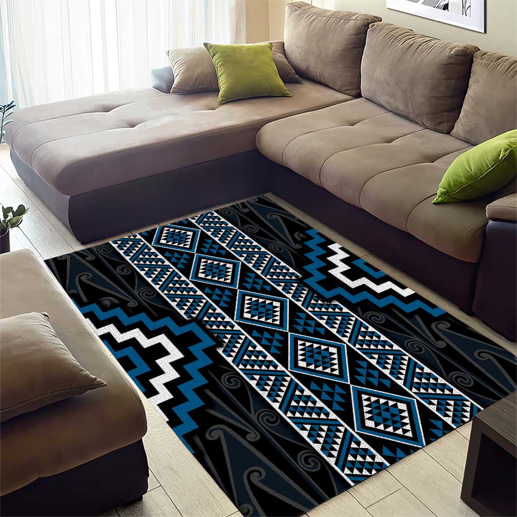 Azure Tukutuku Pattern Aotearoa Area Rug Niho Taniwha and Puhoro Motifs