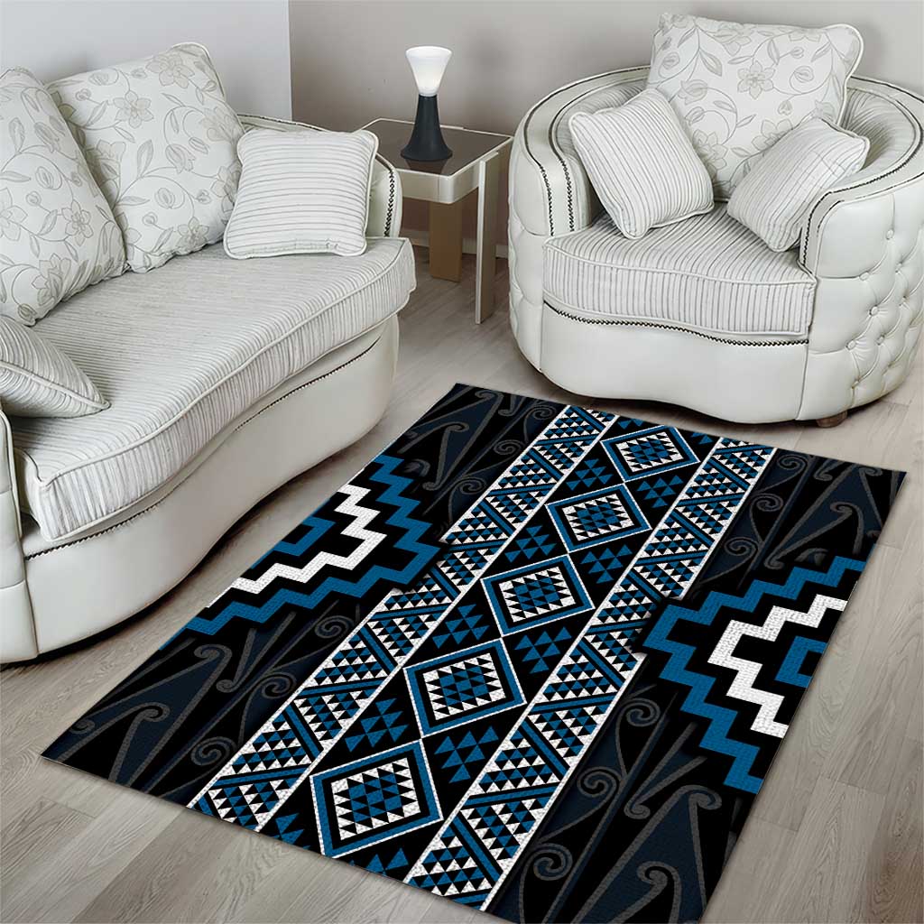 Azure Tukutuku Pattern Aotearoa Area Rug Niho Taniwha and Puhoro Motifs