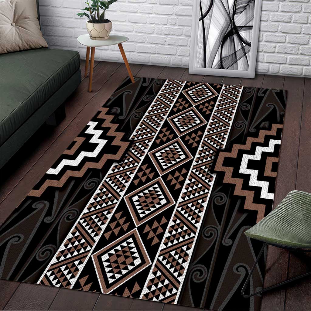 Classic Tukutuku Pattern Aotearoa Area Rug Niho Taniwha and Puhoro Motifs