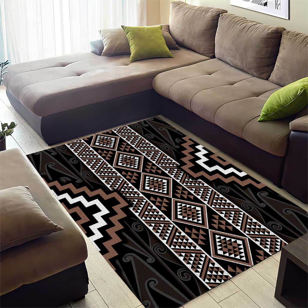 Classic Tukutuku Pattern Aotearoa Area Rug Niho Taniwha and Puhoro Motifs