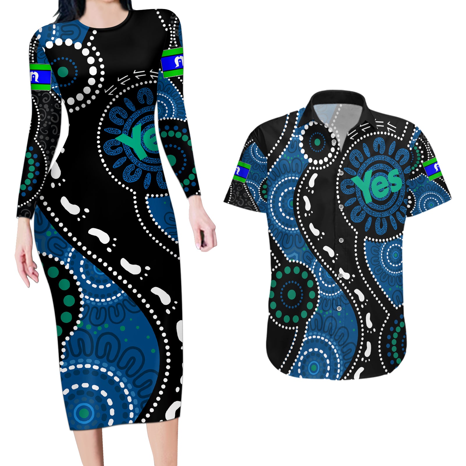 australia-indigenous-couples-matching-long-sleeve-bodycon-dress-and-hawaiian-shirt-vote-yes-aboriginal-torres-strait