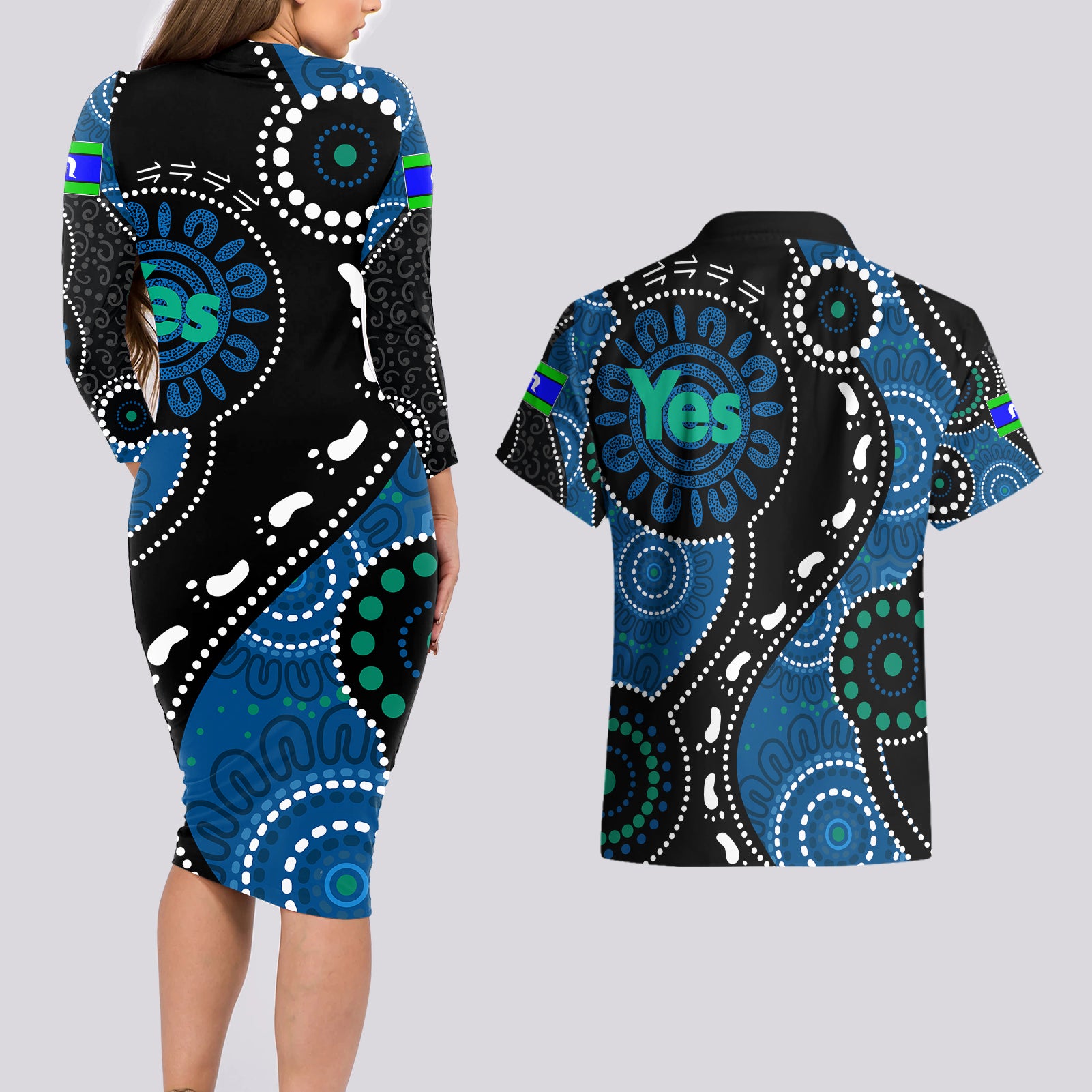 australia-indigenous-couples-matching-long-sleeve-bodycon-dress-and-hawaiian-shirt-vote-yes-aboriginal-torres-strait