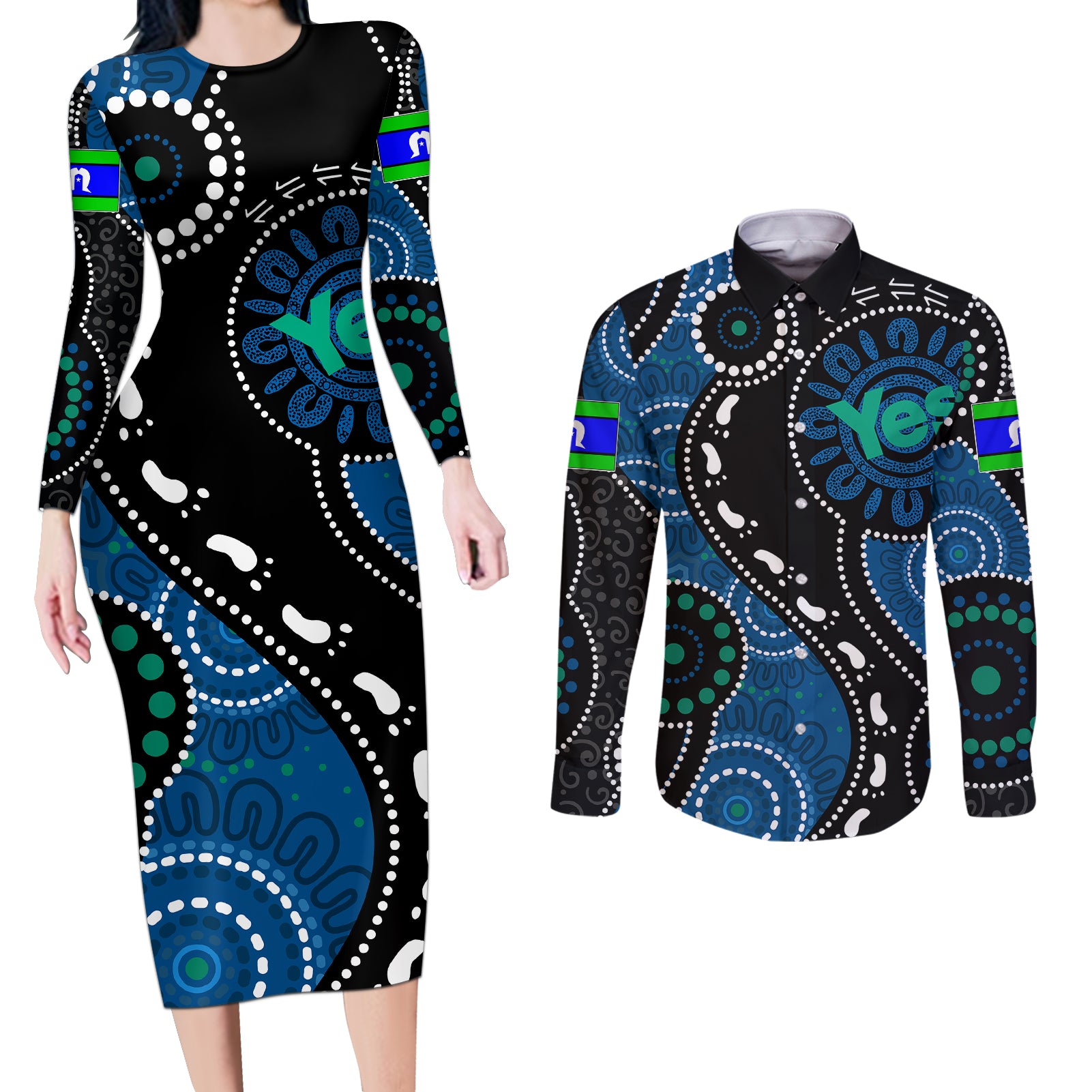 australia-indigenous-couples-matching-long-sleeve-bodycon-dress-and-long-sleeve-button-shirts-vote-yes-aboriginal-torres-strait