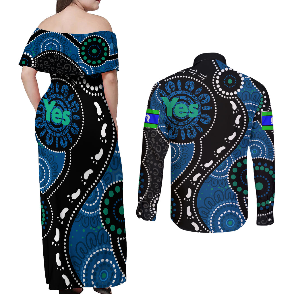 australia-indigenous-couples-matching-off-shoulder-maxi-dress-and-long-sleeve-button-shirts-vote-yes-aboriginal-torres-strait