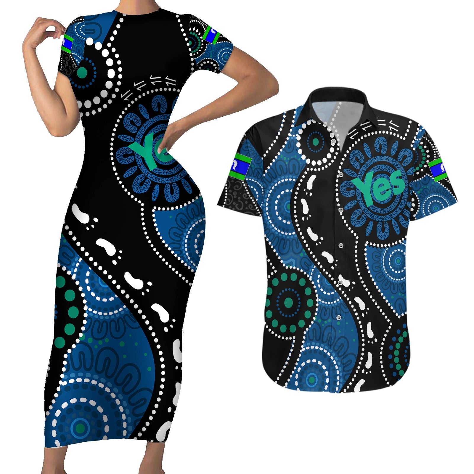 australia-indigenous-couples-matching-short-sleeve-bodycon-dress-and-hawaiian-shirt-vote-yes-aboriginal-torres-strait