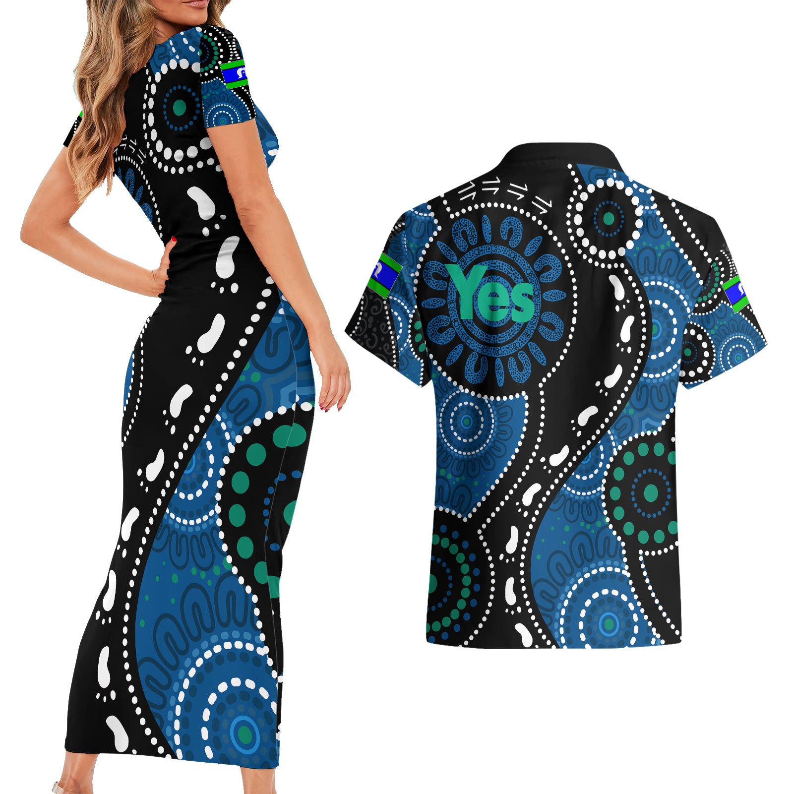 australia-indigenous-couples-matching-short-sleeve-bodycon-dress-and-hawaiian-shirt-vote-yes-aboriginal-torres-strait