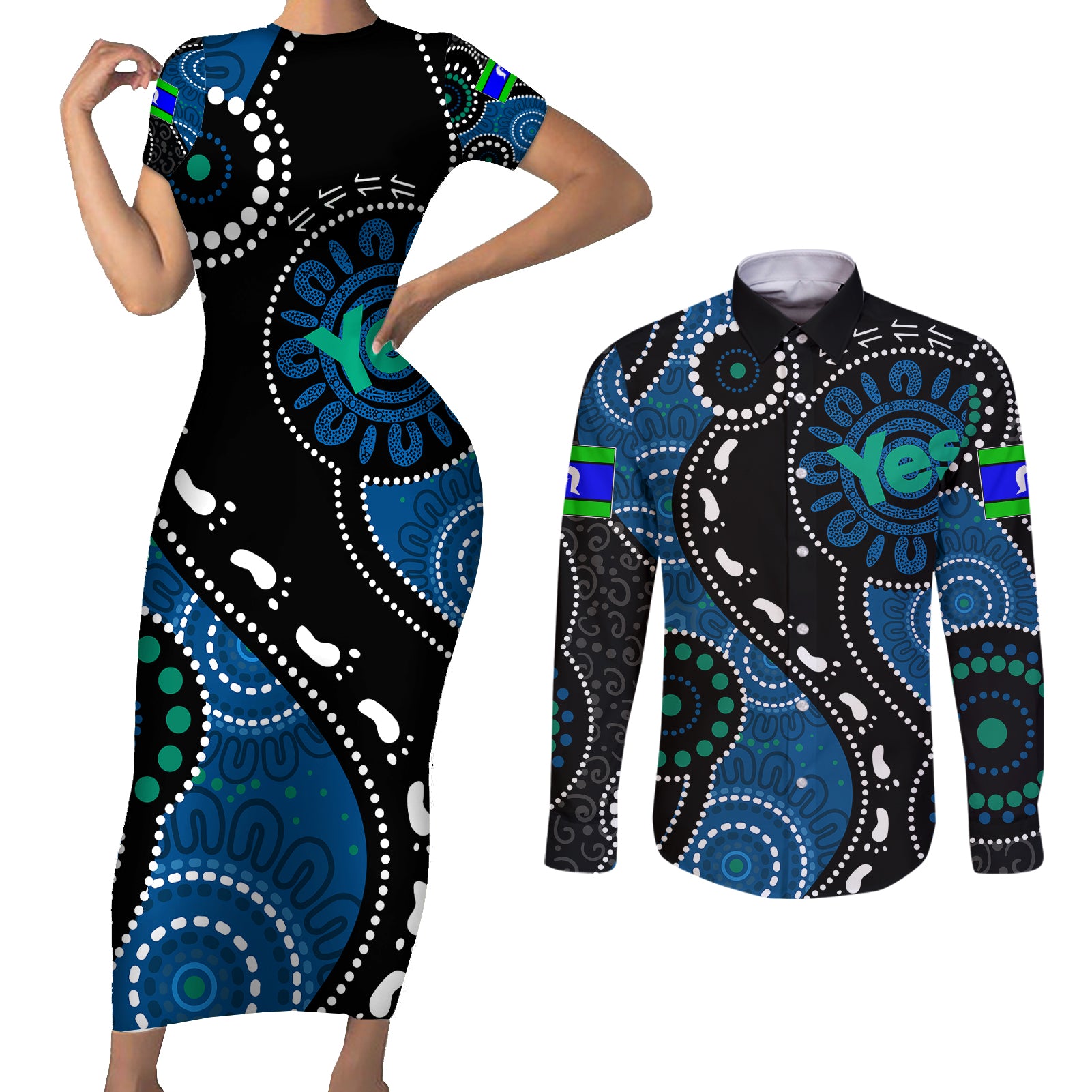 australia-indigenous-couples-matching-short-sleeve-bodycon-dress-and-long-sleeve-button-shirts-vote-yes-aboriginal-torres-strait