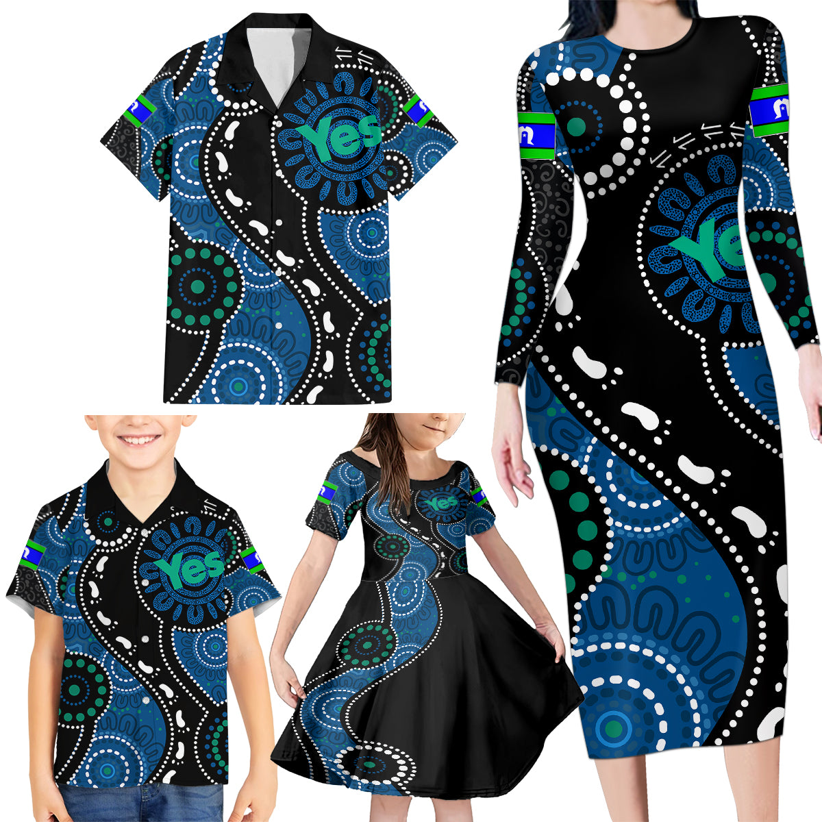 australia-indigenous-family-matching-long-sleeve-bodycon-dress-and-hawaiian-shirt-vote-yes-aboriginal-torres-strait